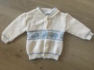 Kids & More Vintage Boys 0-6 months White Blue Knit Car Cardigan Sweater